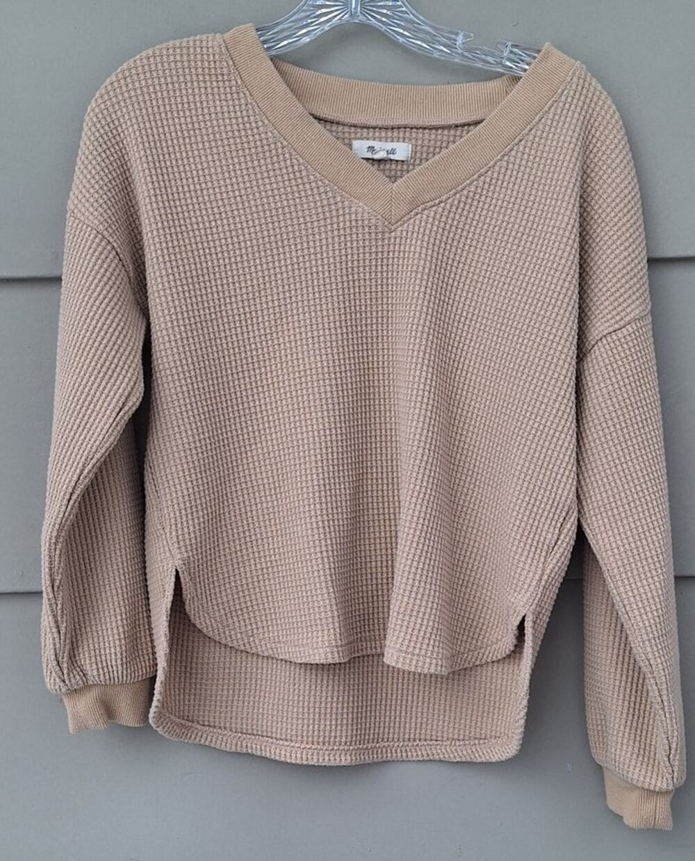 Madewell Women Waffle Knit Long Sleeves V neck Top Sweater Thermal Tan Size XS